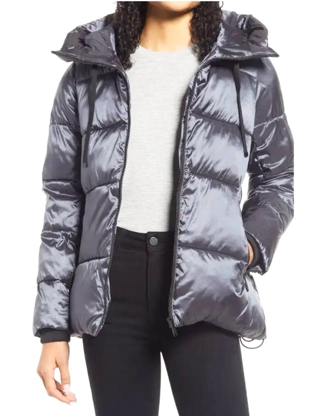 Sam Edelman Iridescent Gray Water Repellent Hooded Zip Up Quilted Puffer Jacket